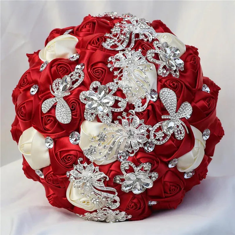 21CM Silver Rhinestone Bridal Hand Flowers Ribbon Wedding Hand Bouquet Mixed Color Silk Rose Diamond Brooch Bridesmaid Bouquet Wedding Supplies