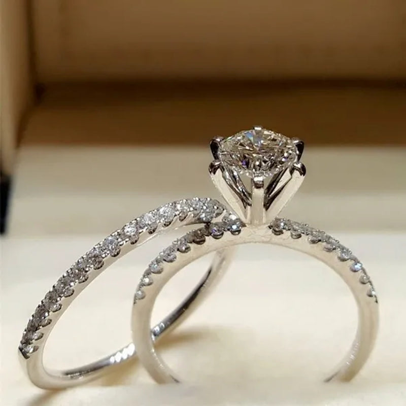 Fashion Simple 925 Pure Silver round White Diamond Engagement Wedding Anniversary Love Ring Size 6-10