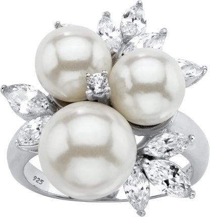 Platinum over Sterling Silver round Simulated Pearl and Cubic Zirconia Ring - WORLD TIME VISITS