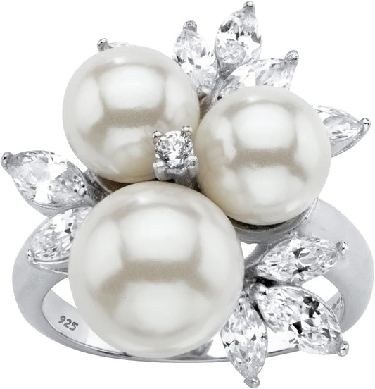 Platinum over Sterling Silver round Simulated Pearl and Cubic Zirconia Ring - WORLD TIME VISITS
