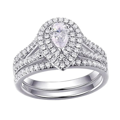 Newshe 2Pcs Wedding Ring Set Classic Jewelry Pear Shape 1.2 Carats AAAAA CZ 925 Sterling Silver Teardrop Engagement Rings for Women Size 5-12
