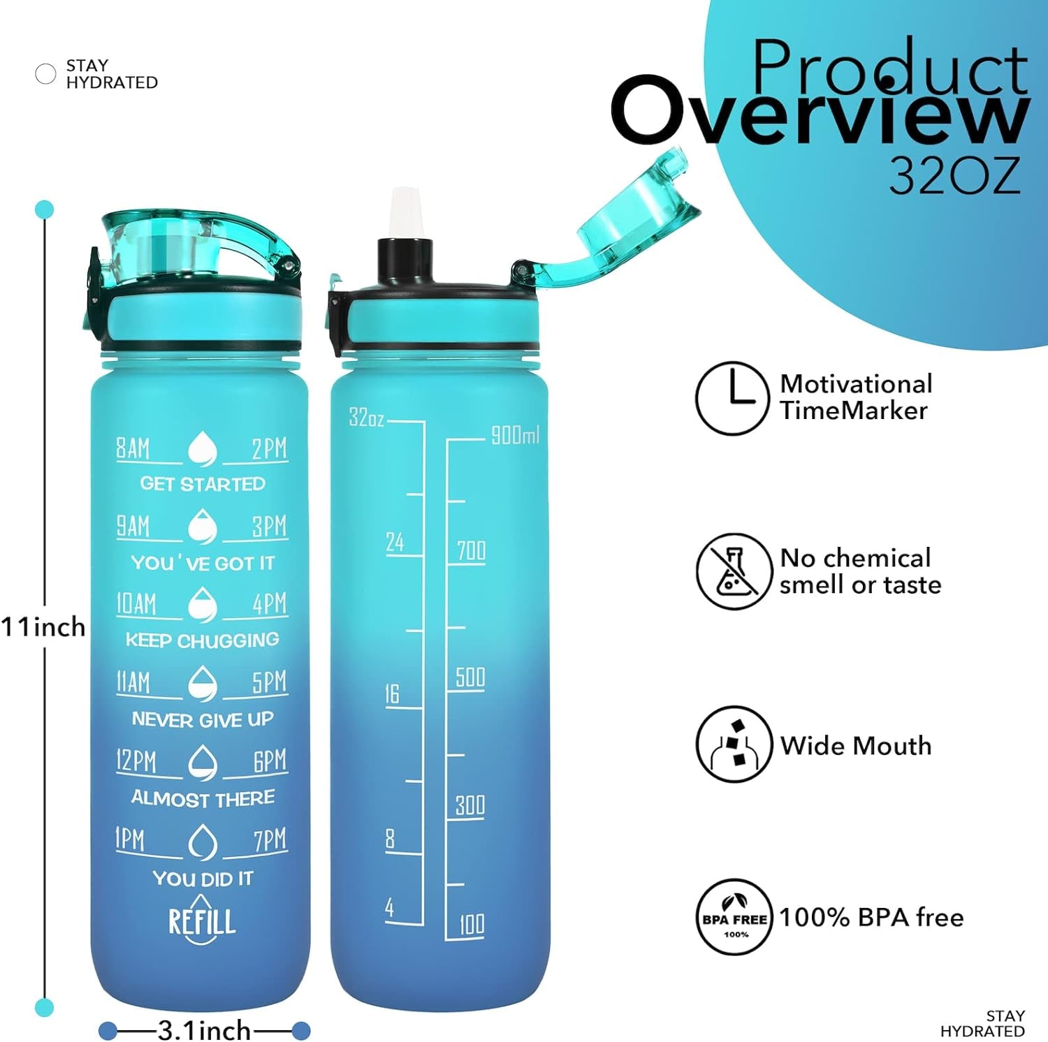 32 Oz Water Bottles with Straw & Strap, Motivational Water Bottles with Times to Drink, BPA Free Reusable Sports Water Bottle with Sleeve Carrier for Hiking, Travel, Running or Fitness - WORLD TIME VISITS