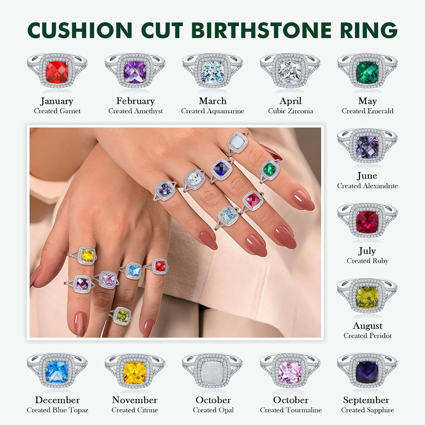 Birthstone Rings for Women 925 Sterling Silver Created Gemstone Cubic Zirconia Ring Heart/Pear/Round/Cushion/Emerald/Oval Engagement Double Halo Ring Size 6 to 10