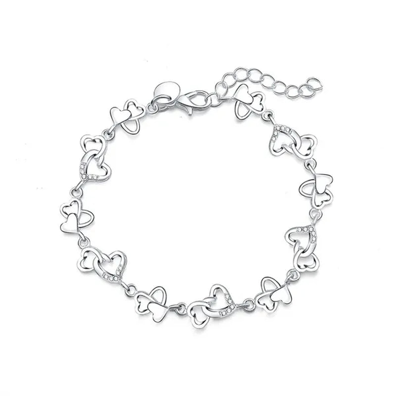 925 Sterling Silver Heart To Heart Chain Bracelet for Women Wedding Engagement Party Jewelry