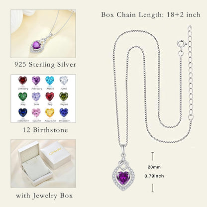 Love Knot Necklace 925 Sterling Silver Heart Birthstone Jewelry for Women