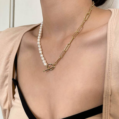 Paper Clip Pearl Necklace Vintage Chunky Link Chain Baroque Cultured Pearls 18K Gold Choker Fashion Retro Charm Valentine Jewelry for Women Girls