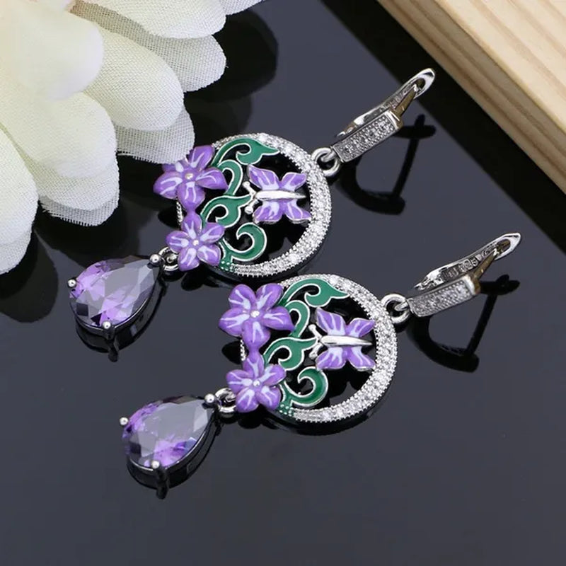 Purple Amethyst Silver 925 Jewelry Sets Charm Enamel Butterfly Flower Earrings Women Handmade Decoration Jewellry