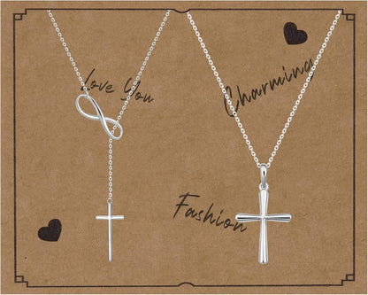 2 Pcs Cross Necklace for Women, Gold/Sterling Silver Plated Dainty Cross Pendant Necklace, Adjustable Chain, Trendy Gold Jewelry Gift for Women and Men