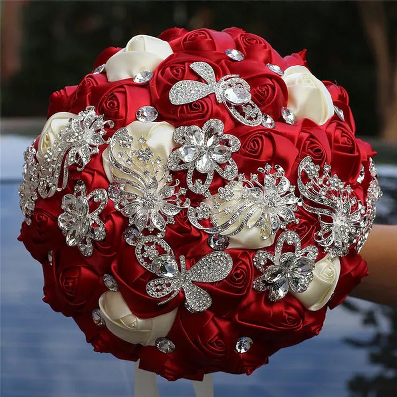 21CM Silver Rhinestone Bridal Hand Flowers Ribbon Wedding Hand Bouquet Mixed Color Silk Rose Diamond Brooch Bridesmaid Bouquet Wedding Supplies