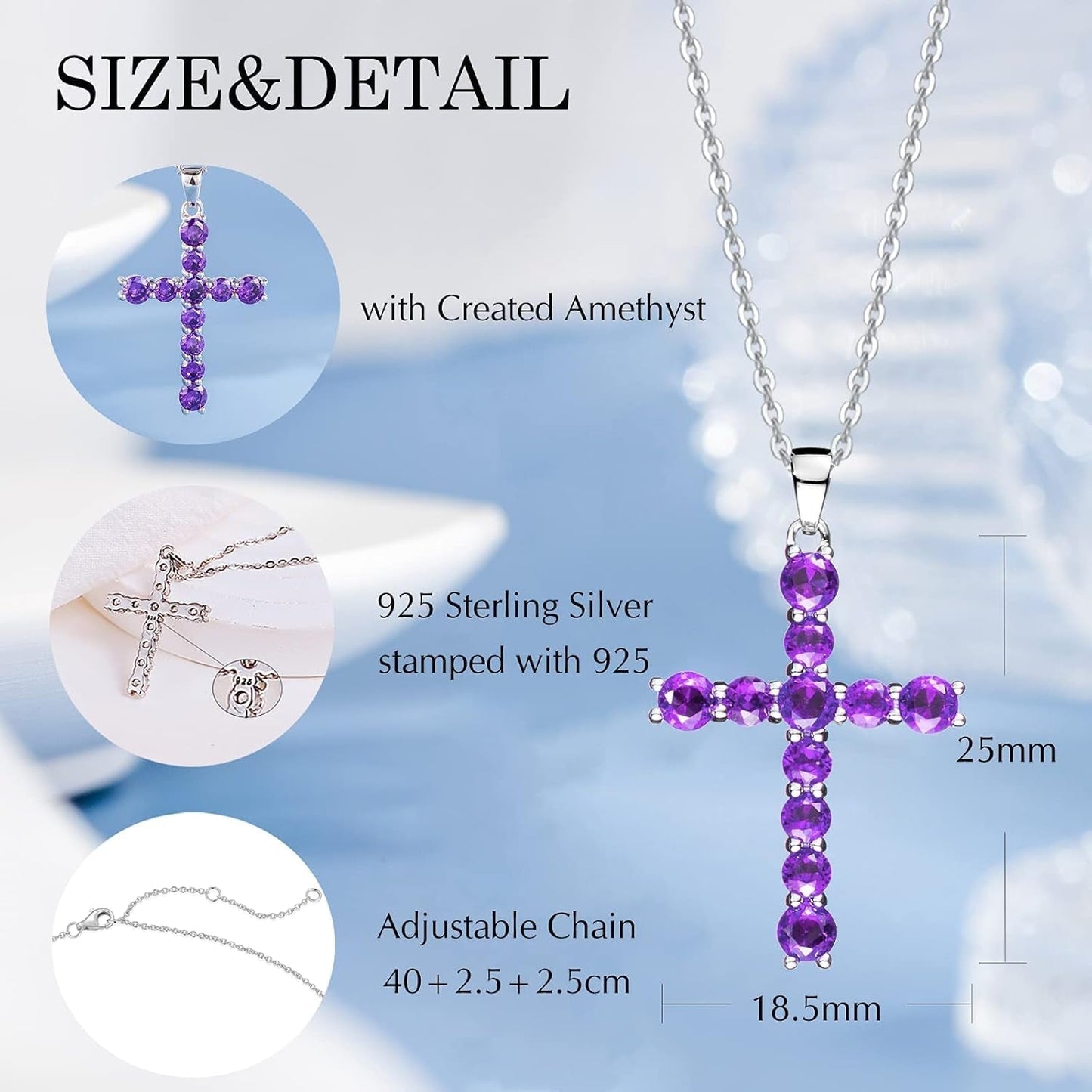 Gemstone Cross Necklace 925 Sterling Silver Created Birthstone Cross Prong Pendant Necklace Faithful Gift Ideas Fine Jewelry for Her Girlfriend Women Girls, 16" + 2" Extender