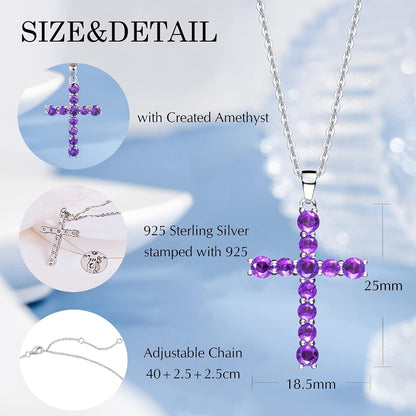 Gemstone Cross Necklace 925 Sterling Silver Created Birthstone Cross Prong Pendant Necklace Faithful Gift Ideas Fine Jewelry for Her Girlfriend Women Girls, 16" + 2" Extender