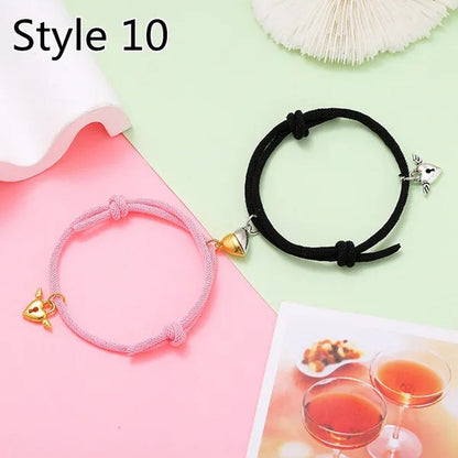 2Pcs Magnetic Bracelet Stainless Steel Heart Pendant Charm Couple Bracelets for Lover Friend Men Women Braid Rope Bracelets