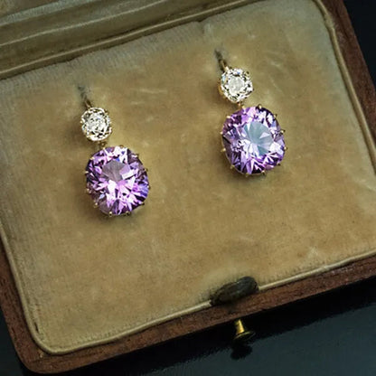 Women Charming Round Cut Amethyst Crystal Dangle Earrings Female Party Wedding Engagement Anniversary Gift Jewelry - WORLD TIME VISITS