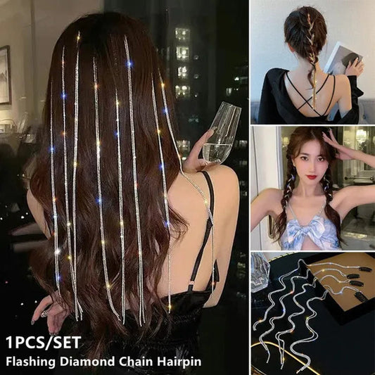 Fashion Flashing Diamond Chain Hairpin Tassel Braided Hair Hairpin for Women Girls
