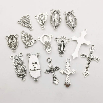 100G (60Pcs) Antique Silver Cross Jesus Maria Our Lady Miraculous Centerpiece Crucifix Medal Charms Pendants for Crafting, Jewelry Findings Making Accessory for DIY Rosary Necklace Bracelet (M154)