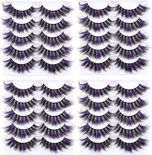 Colored Eyelashes Fluffy Eye Lashes 20 Pairs Russian Strip Lashes D Curl Strip Lashes Look like Extensions 3D Natural Wispy Cat Eye Lashes,Purple - WORLD TIME VISITS
