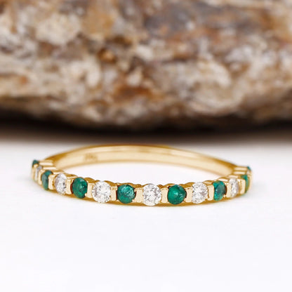 Real Emerald Half Eternity Ring with Moissanite for Women (0.75 CT, AAA Quality), 14K Yellow Gold, US 11.00