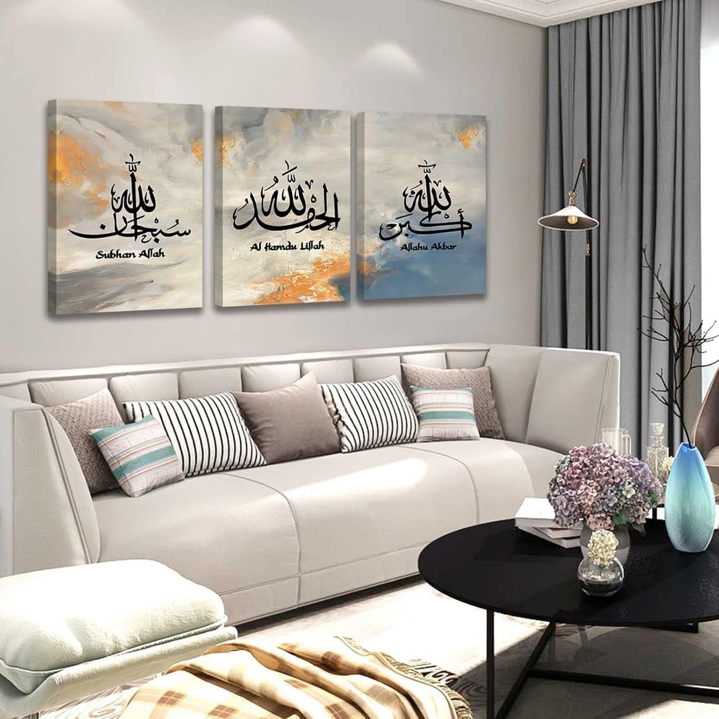 Islamic Canvas Wall Art: Muslim Allah Picture Motivational Quran Quote Print Artwork Ramadan Home Office Decoration (16X24Inx3, Blue)