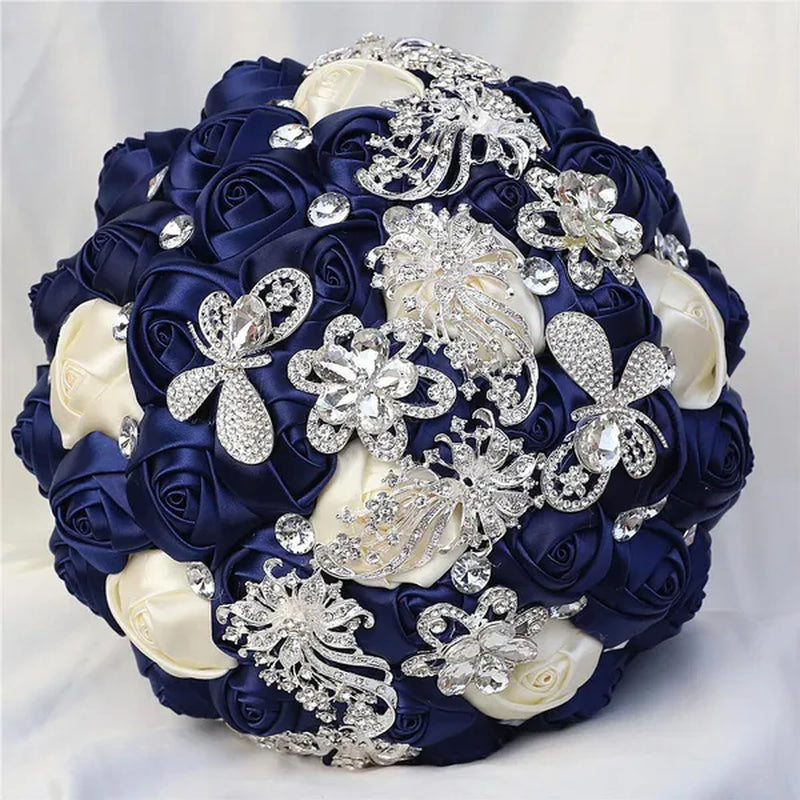 21CM Silver Rhinestone Bridal Hand Flowers Ribbon Wedding Hand Bouquet Mixed Color Silk Rose Diamond Brooch Bridesmaid Bouquet Wedding Supplies