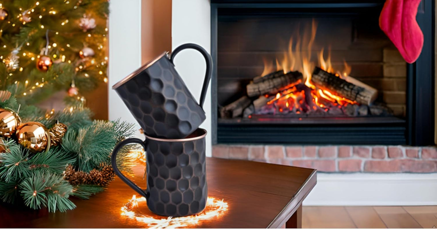 20 Oz Honeycomb Black Matte Moscow Mule Mugs Pure Copper Cups for Drinking Water Gifts for Him Her on Anniversary Genuine Copper Mugs for Moscow Mules Real Solid Tankard Mug Cup Set of 2 - WORLD TIME VISITS