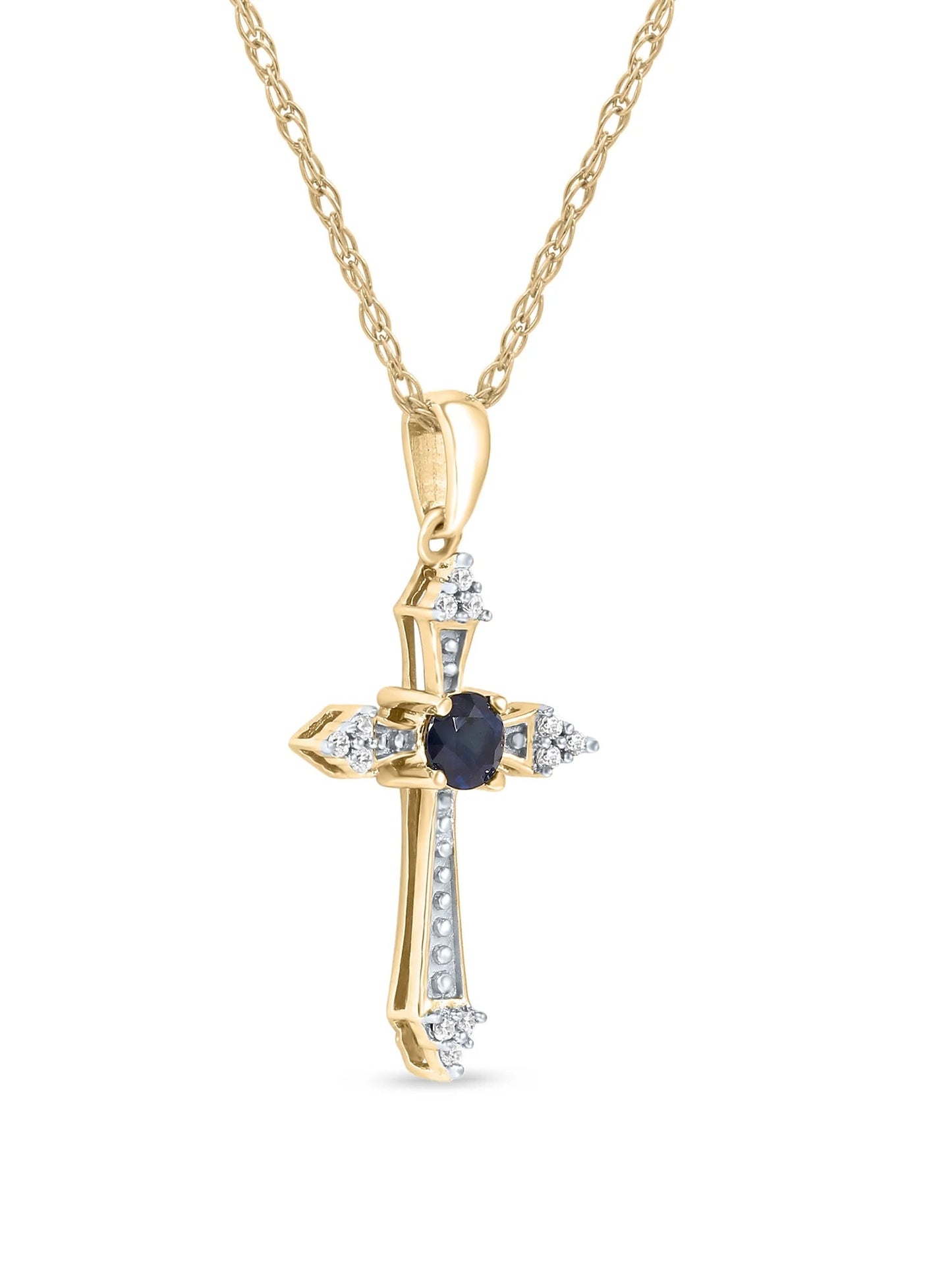 Gemstone 10K Yellow Gold round Cut Blue Sapphire Diamond Accent Cross Necklace