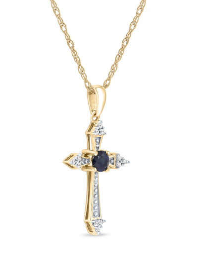 Gemstone 10K Yellow Gold round Cut Blue Sapphire Diamond Accent Cross Necklace