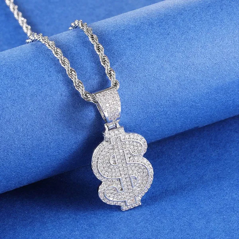 Full Diamonds Heart Shape / US Dollar Symbol Pendant with 24" Rope Chain Necklace Iced Out Brass Jewelry for Man Woman