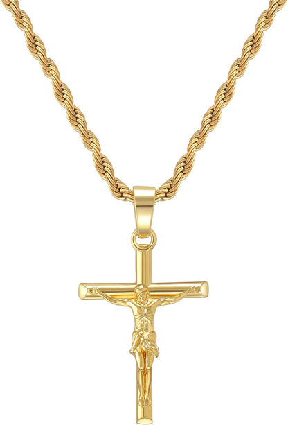 Crucifix Cross Necklace 18K Gold Plated Cross Pendant with 3Mm 22" Rope Chain for Men Women