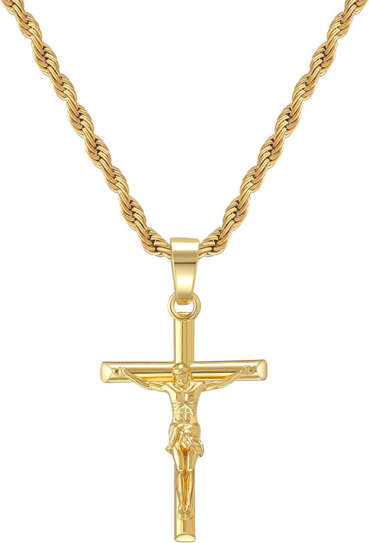 Crucifix Cross Necklace 18K Gold Plated Cross Pendant with 3Mm 22" Rope Chain for Men Women