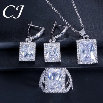 CANDICE Top Grade Bright Square Yellow Pave Sterling Silver Pendant Necklace Earrings and Ring with Tiny CZ Stone Jewelry 3 Pcs Sets for Women Dress Accessories