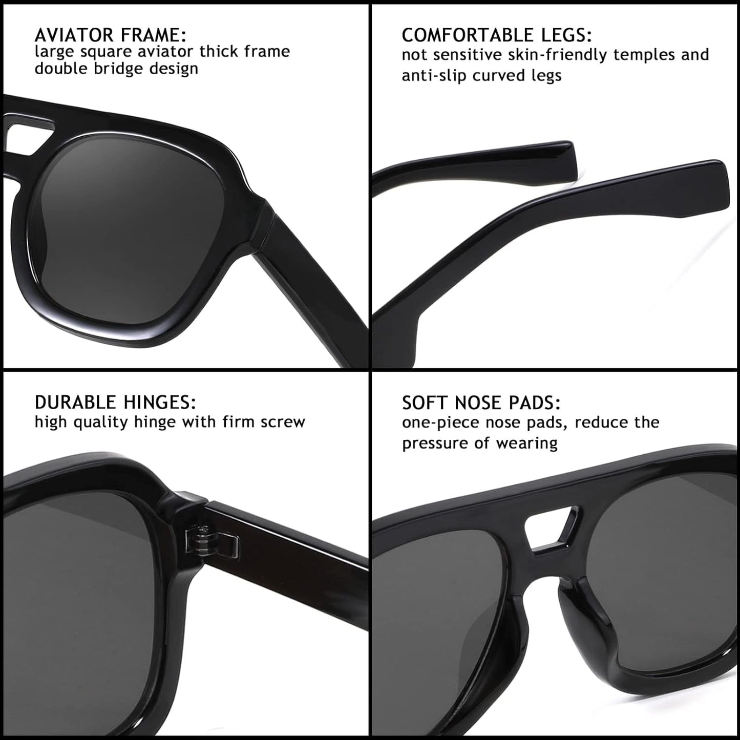 Vintage Aviator Sunglasses Double Bridge Women Men Large Square Thick Frame Trendy Eyewear UV400 B2846