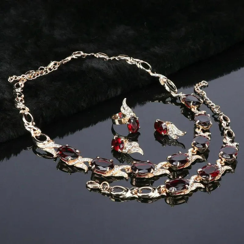 Women Gold Plated Crystal Zircon Ruby Pendant Wedding Party Necklace Bracelet Ring Earring Jewelry Sets
