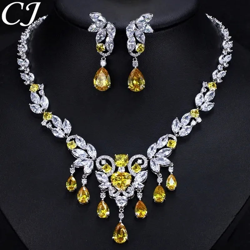 CANDICE Luxury CZ Stone Bridal Jewelry Pave High Quality Yellow Crystal Water Drop Earrings Necklace Wedding Party Set for Brides
