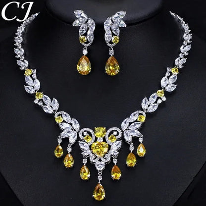 CANDICE Luxury CZ Stone Bridal Jewelry Pave High Quality Yellow Crystal Water Drop Earrings Necklace Wedding Party Set for Brides