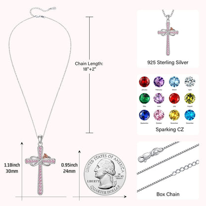 Cross Necklace for Women Sterling Silver Birthstone Pendant Necklace Rose Flower Infinity Cross Necklace Christian Religious Jewelry Birthday Gifts for Women Girls Daughter Friends