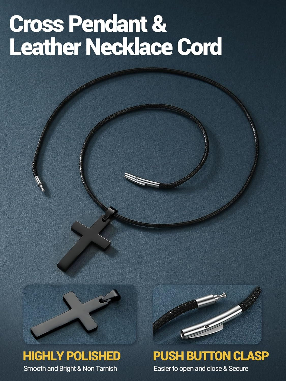 Stainless Steel Pendant Necklace for Men Women, Cool Punk Shark Teeth Necklace, Cross Necklace, Star of David Necklace, Black Leather Cord, Come Box