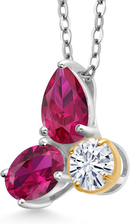 925 Silver and 10K Yellow Gold Created Ruby and Moissanite 3 Stone Pendant Necklace for Women | 2.60 Cttw | Gemstone July Birthstone | Pear Shape 8X6MM | Oval 7X5MM | round 5MM | with 18 Inch Chain