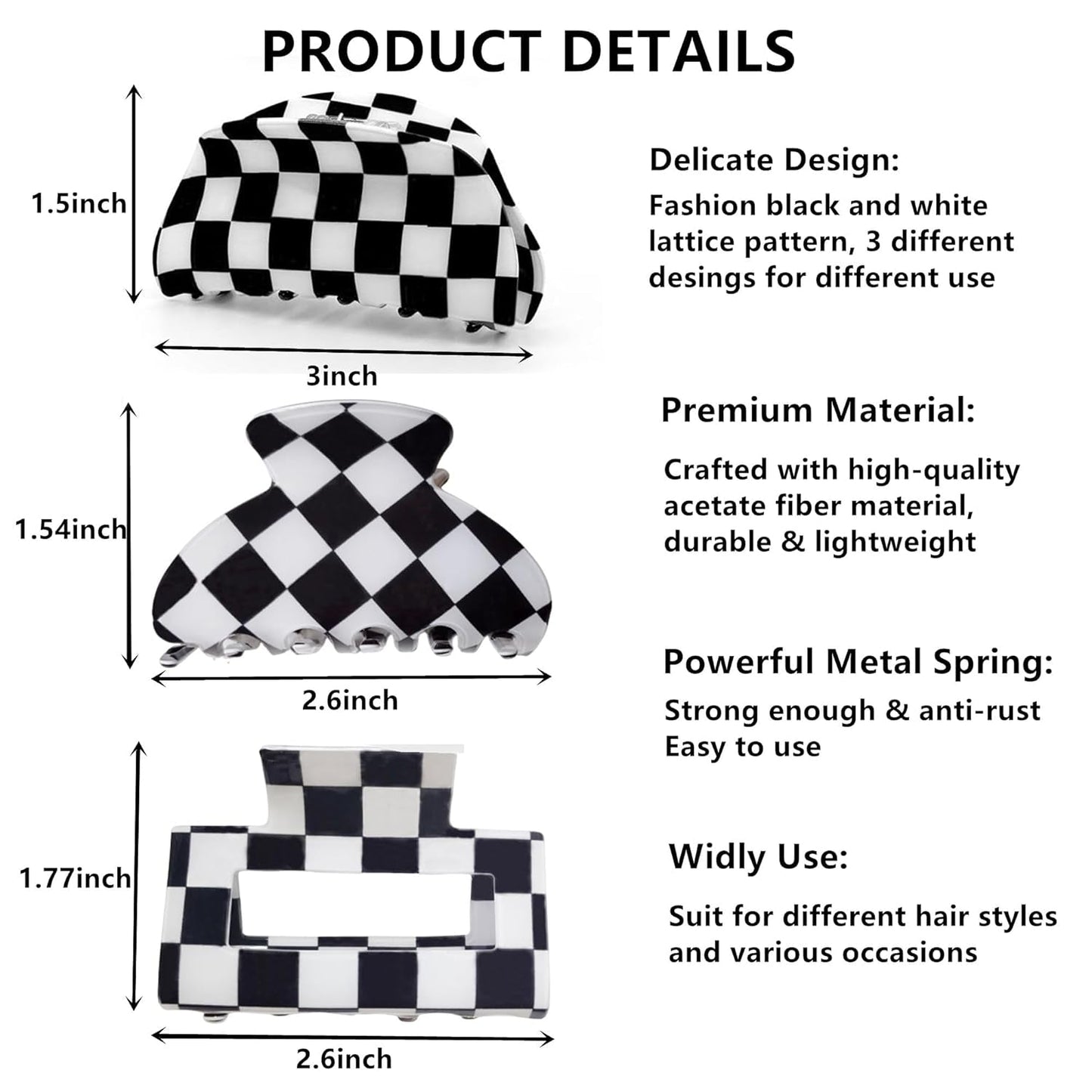Womens Checkered Hair Clip Medium Checkered Claw Clips Black and White Jaw Clip,3Pack