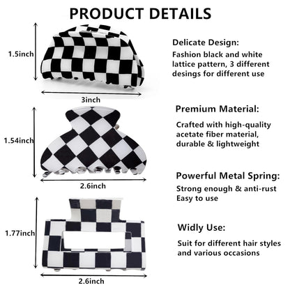 Womens Checkered Hair Clip Medium Checkered Claw Clips Black and White Jaw Clip,3Pack
