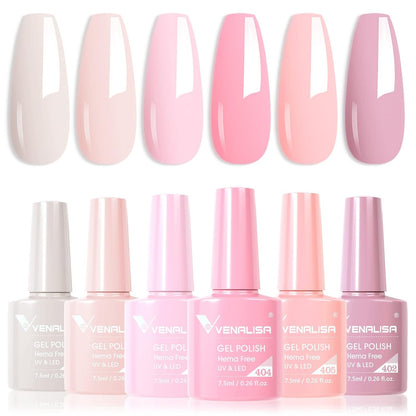 VENALISA Hema-Free Pink Gel Nail Polish Set- 6 Colors Popular Nude Pink Gel Polish Kit, Soak off LED Nail Lamp Light Pink Gel Manicure Kit DIY at Home Salon Gifts for Women Girls