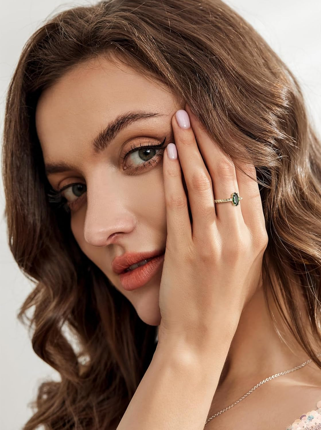 14K Gold Plated Engagement Rings for Women Created Green Emerald Solitaire Emerald Oval Marquise Cut Wedding Band Promise Ring for Her Size 5-10