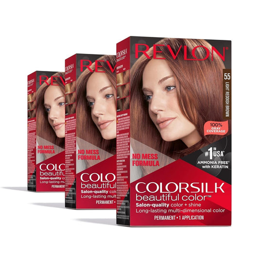 Colorsilk Permanent Hair Color, 100% Gray Coverage Dye Kit, Ammonia-Free, Keratin and Amino Acids, Red Shades, 55 Light Reddish Brown (Pack of 3)