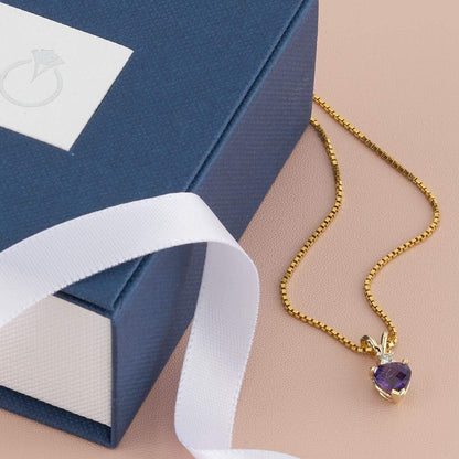 14K Yellow Gold Amethyst with Diamond Pendant for Women, Genuine Gemstone, Heart Shape Solitaire, 6Mm, 0.75 Carat Total, Real Amethyst Necklace, February Birthstone Necklace, W/Jewelry Box