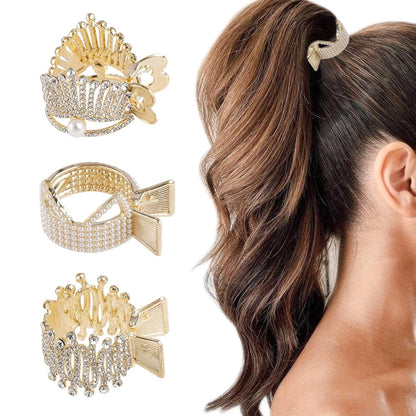 1.77Inch Small Hair Claw Clips for High Ponytail, Rhinestone Shark Hair Clips for Women Thick Long Hair Gold(Pack of 3)