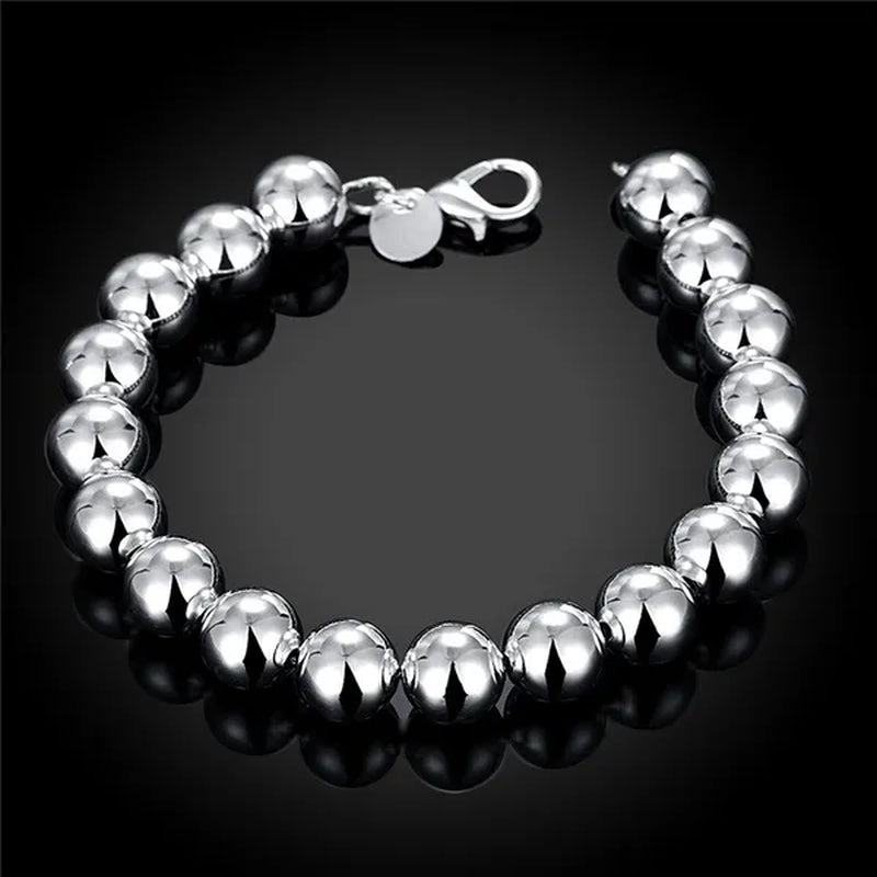 Fashion 925 Sterling Silver 8Mm Hollow Smooth round Beads Necklace Bracelets Set for Women Wedding Engagement Party Jewelry