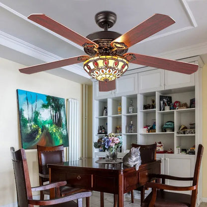 52" Ceiling Fan with Light, Tiffany Style Retro Stained Glass Chandelier Fan with Remote Control 4 Reversible Wood Blades 3-Speed