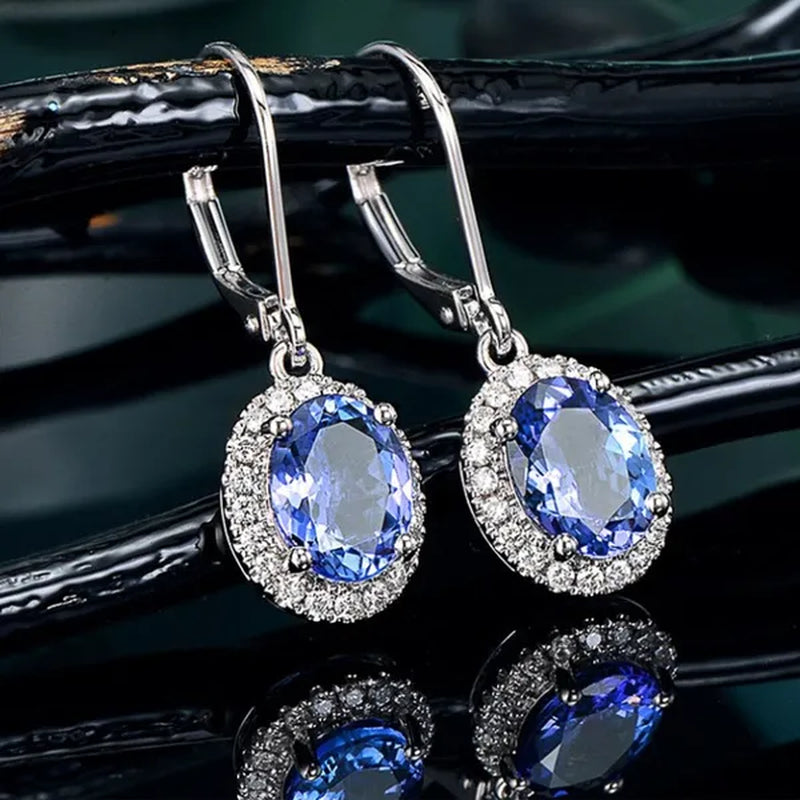 Exquisite 4 Prong Setting Oval Blue Sapphire Side Micro Inlay Diamond Drop Earring for Women Engagement Wedding Jewelry
