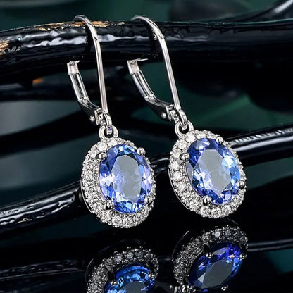 Exquisite 4 Prong Setting Oval Blue Sapphire Side Micro Inlay Diamond Drop Earring for Women Engagement Wedding Jewelry