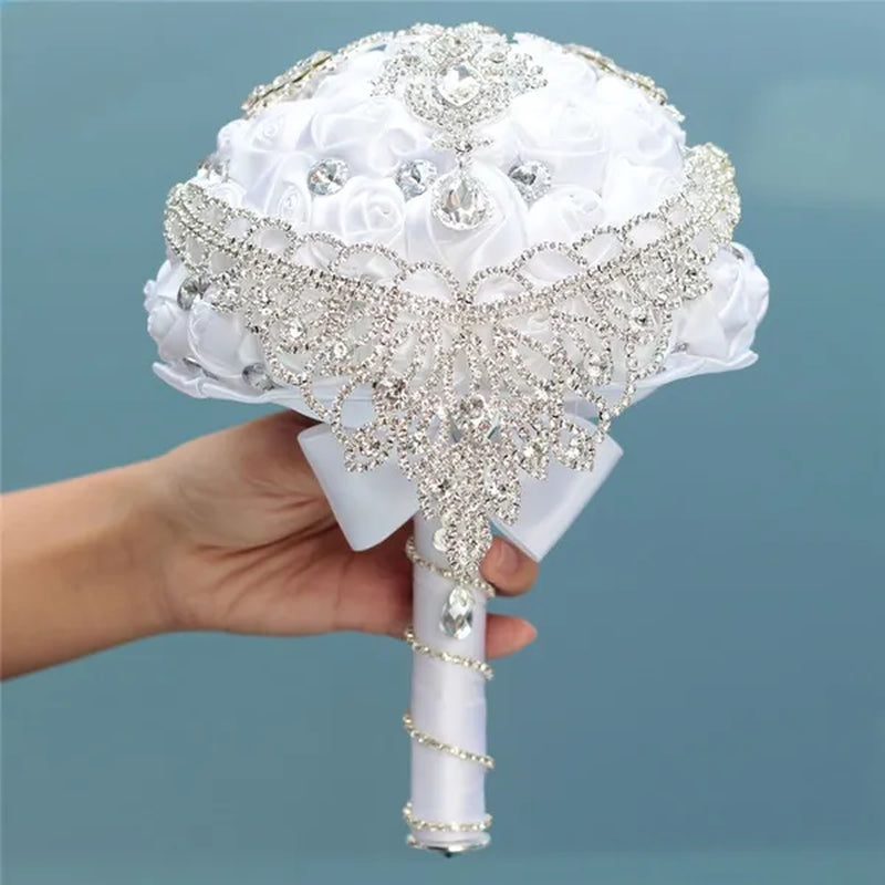 Creative Design Shiny Rhinestone Tassel Bridal Bouquet Artificial White Silk Rose Wedding Flower Bouquet Crystal Brooch Ribbon Bridesmaid Bouquet 3 Size Optional