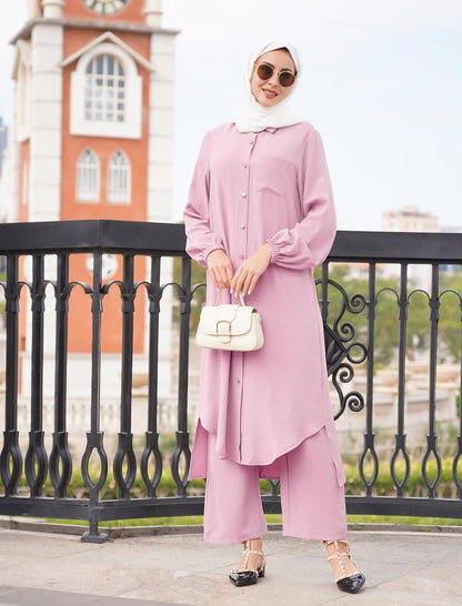 Women'S Muslim 2 Pieces Sets Long Sleeve Button down Shirt and Pants Abaya Casual Dress Dubai Outfits